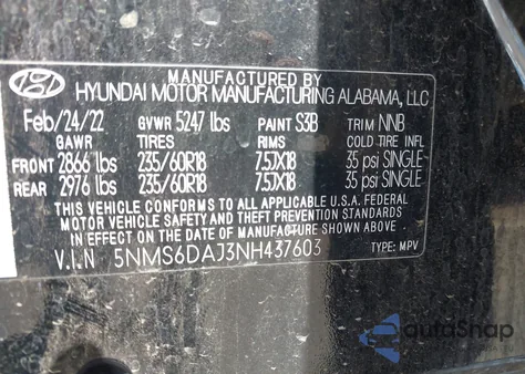 2022 Hyundai Santa Fe Xrt from USA, damaged, VIN 5NMS6DAJ3NH437603